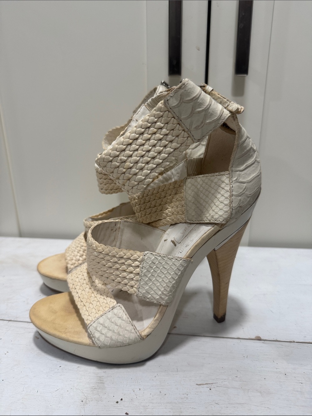 BCBGMaxAzria Cream Woven Strappy High Heel Sandals